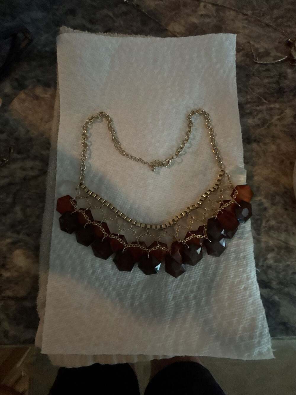 Gold-Tone Multi-Strand Statement Necklace with Faceted Brown and Red Pentagon Be